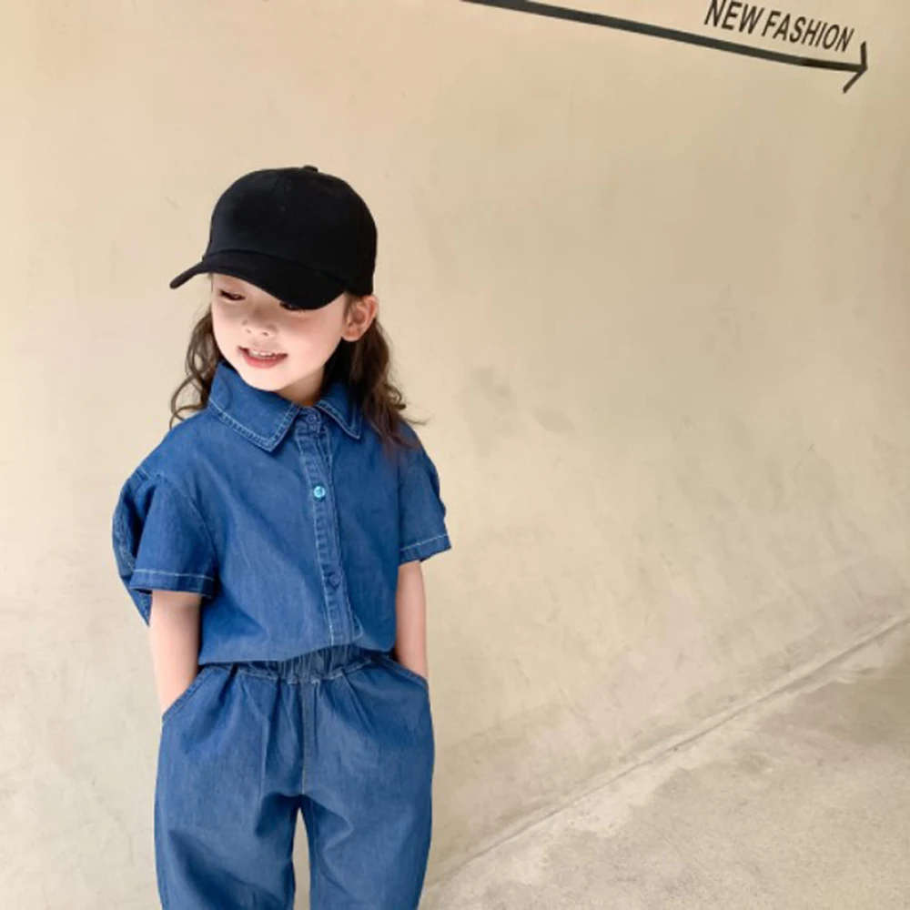 

Cultiseed Baby Girls Summer Turn Down Collar Single Breasted Short Sleeve Jeans Shirts+Denim Pant 2pc Sets Clothing Kids Suits