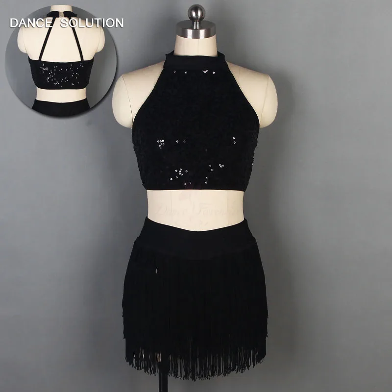 Унитард с Черными Блестками и юбкой бахромой танцевальная одежда лямкой на шее