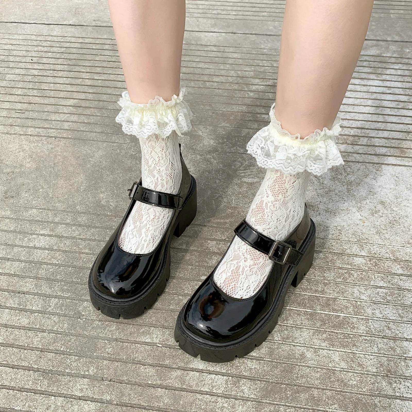 

Women Platform Mary Janes High Heels Casual Beige Lolita Thick Sole Leather Shoes Ladies Black Buckle Strap Sweet Princess Shoe