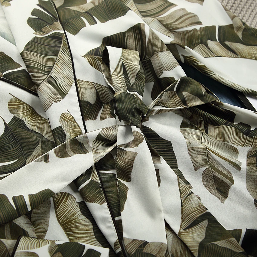 

HiLoc Banana Leaf Robe Sets Long Sleeve Satin Pajamas Tropical Graphic 2 Piece Set Women Sleepwear Home Suit Sets Bathrobe 2020