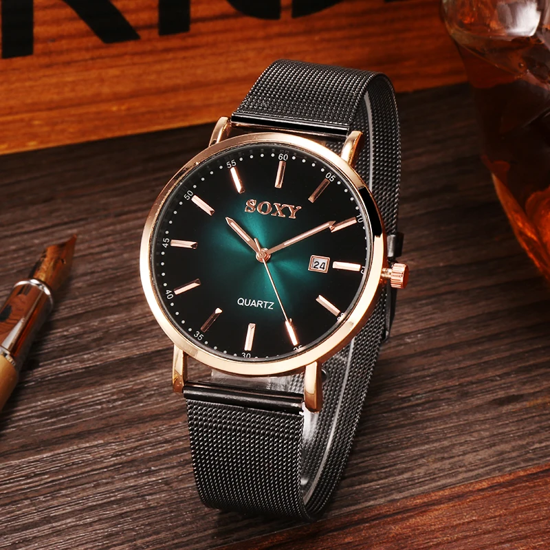 

SOXY Brand Mesh Band Men Watch Full Stainless Steel Quartz Wristwatch Date Auto Ultra Thin Male Clock relogio masculino 2019