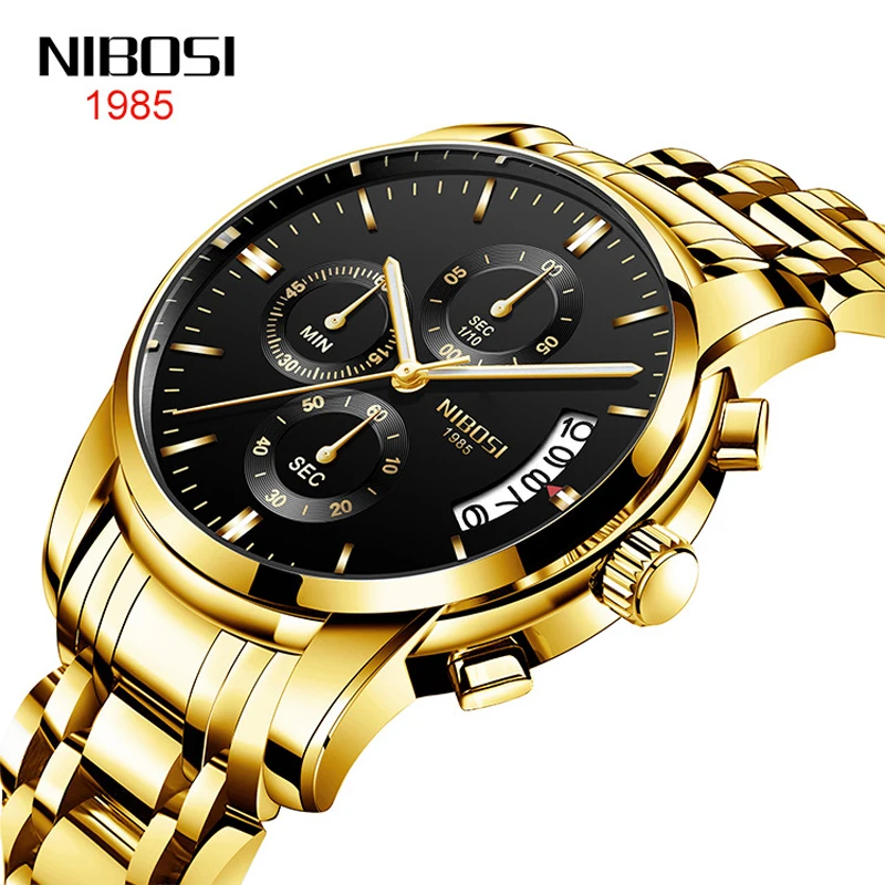 NIBOSI Gold Mens Watches Top Brand Luxury Sport Chronograph Quartz Watch Men Waterproof Male Wristwatch Relogio Masculino 2353