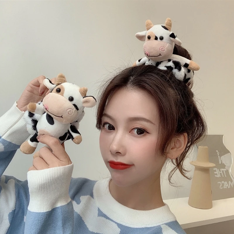 

Elastic Hair Ties Cute 3D Cow Cartoon Pattern Ponytail Holders for Toddler Girls Teens Velvet Hair Scrunchie Supplies