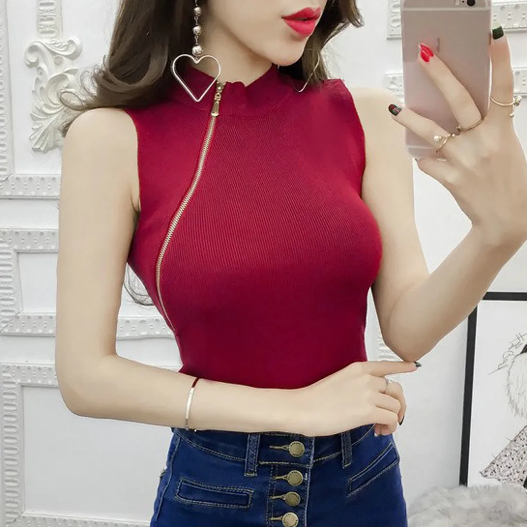 Женская Трикотажная майка без рукавов на молнии летняя однотонная Облегающая