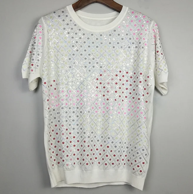 

Small Fragrance Heavy Industry Color Sequins Knitted Tshirt Women Spring and Summer New Loose Round Neck Short Sleeve T-shirt T