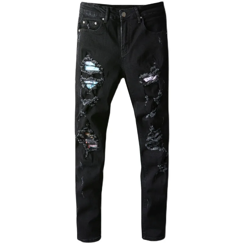 

Новые мужские Мужские Брюки высокое уличный стиль личности новый пользовательский патч потрепанные черные джинсы стрейч тонкий пояс для п...