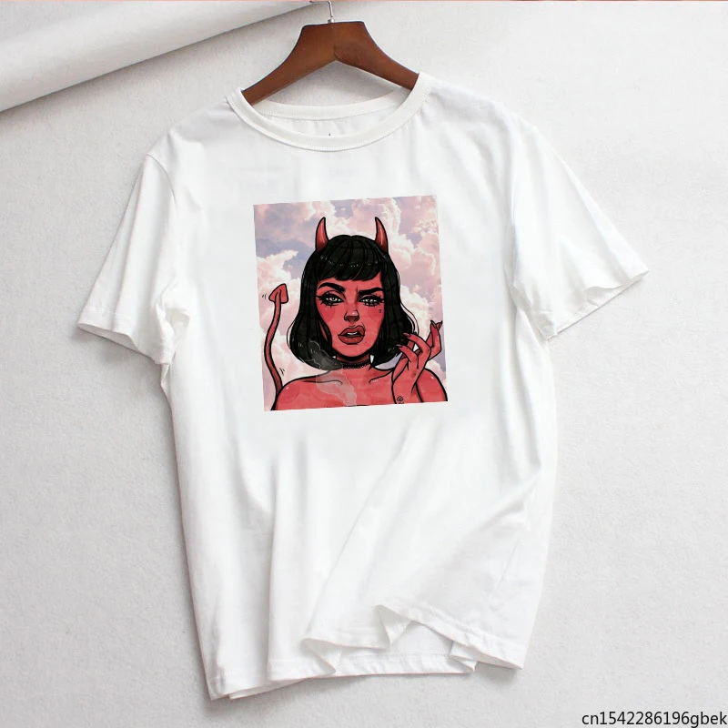 

Harajuku Summer Female Tops Devil Letter Spoof Printing Casual Loose Fun Vintage Large Size Punk O-neck Gothic T-Shirt