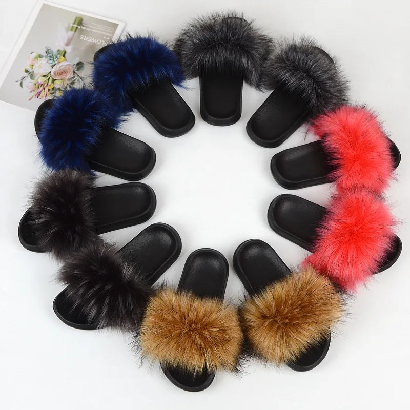 

2021 Winter Fox Fur Slides Women's Fur Slippers Indoor Warm Furry Slippers Girls Plush Sandals Women Slides Home Flip Flops