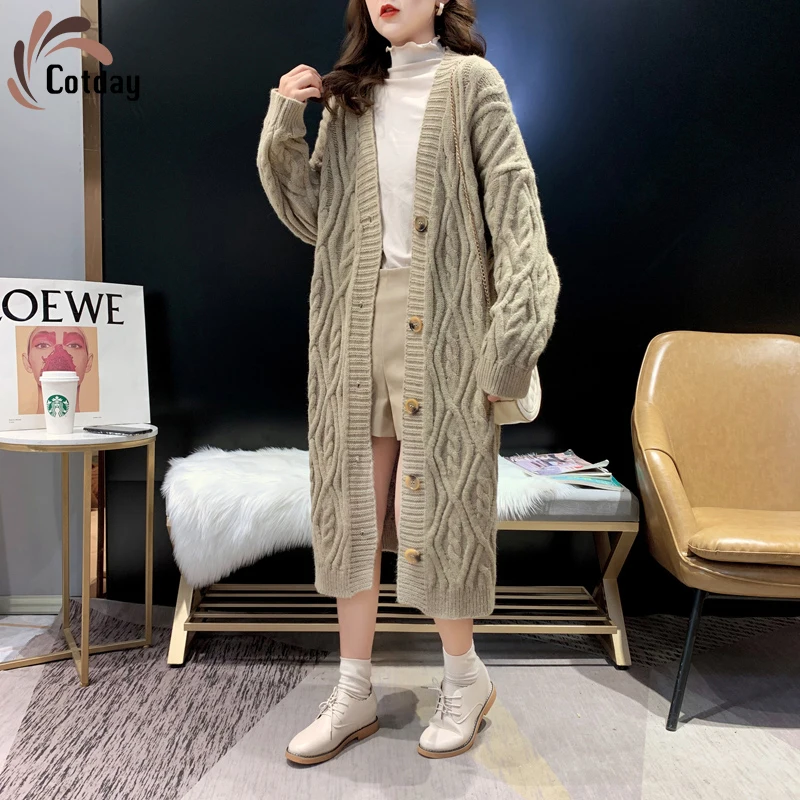 

Cotday Long Knitted Hemp Flowers Lazy Single Breasted Winter Warm Women Overcoat Plus Size Big Bust Big Cardigan Sweater