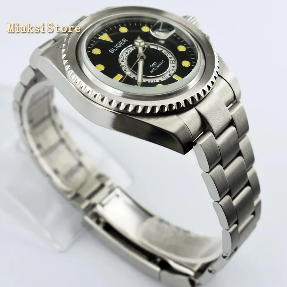 Bliger 43 мм черный циферблат светящиеся знаки сапфировое стекло керамический