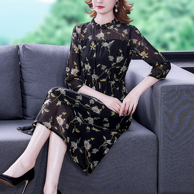 

Dresses for Women Party Classy Elegant Long French Retro Fashion Dress Autumn 2021 New Mid-length Printed Floral Chiffon Dress