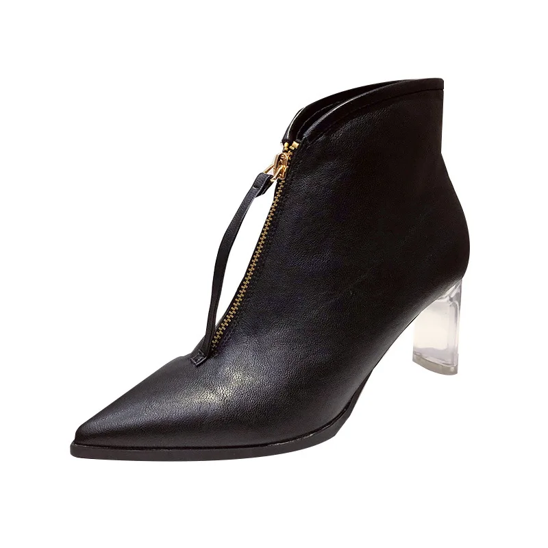 

Crystal heel leather high-heeled short boots stretch boots Martin boots autumn and winter front zipper pointed toe women's 7.5cm