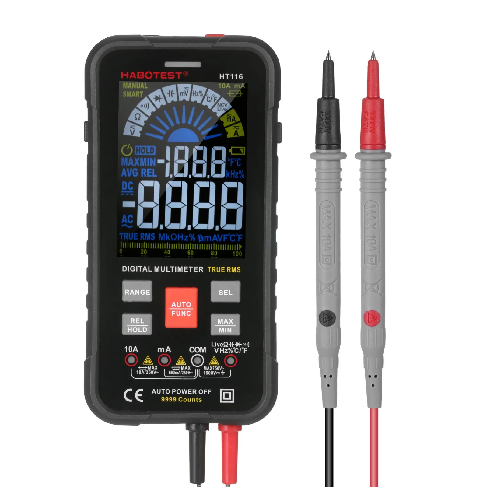

HT116 Digital Multimeters LED Data Hold AC DC Bargraph 9999 Counts Portable Tester Home Fuse Burning Prompt Auto Power Off