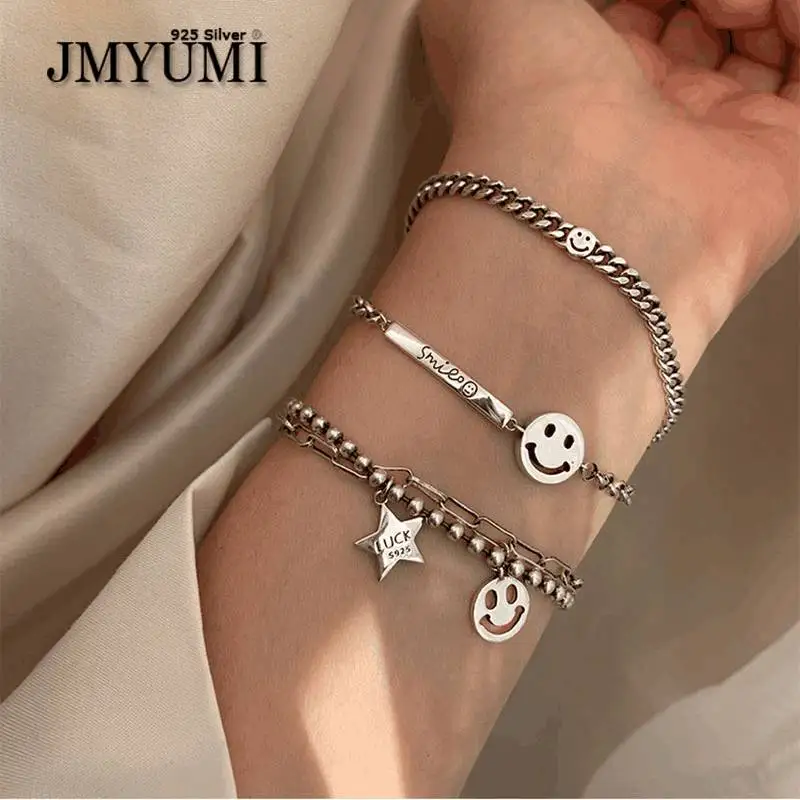 

JMYUMI 925 Sterling Silver Trendy Bracelet for Women Vintage Handmade Smiling Face Bracelets Fine Jewelry Birthday Gifts