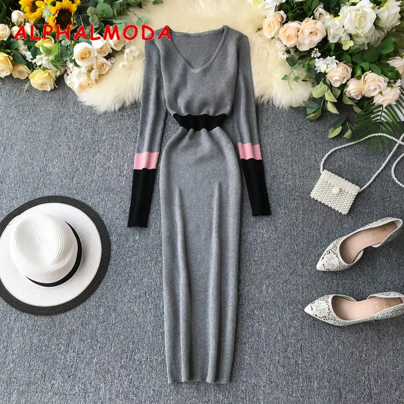 ALPHALMODA осеннее Новое винтажное вязаное платье женское цветное Элегантное зимнее платье с длинными рукавами вязаное платье-футляр