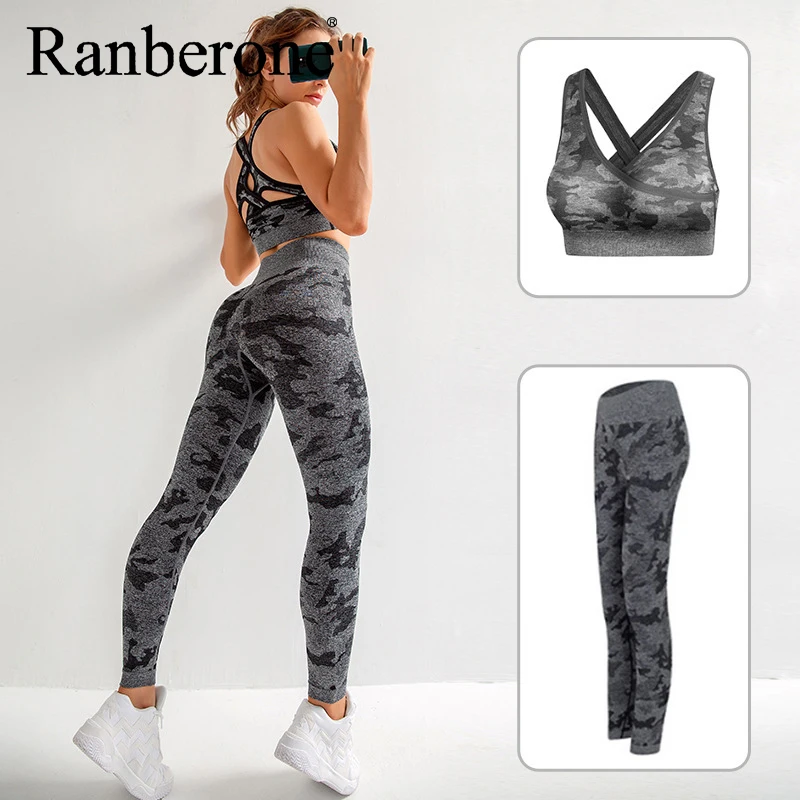 Ranberone Yoga Sets Women Gym Clothes Camouflage Sports Bra Set High Stretch Slim Leggings Sports Wear Suit Women's Tracksuit