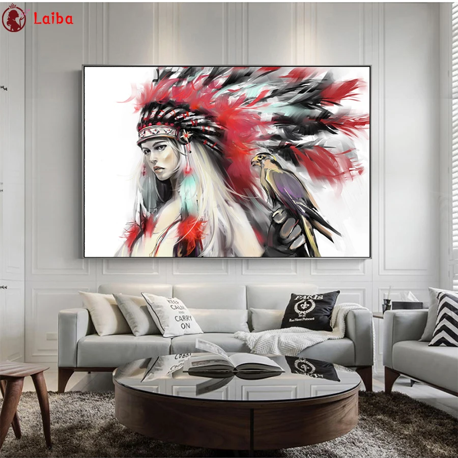 

full Diy diamond painting Abstract art, Indian woman feathers, eagle picture rhinestones embroidery diamond mosaic 5d cross
