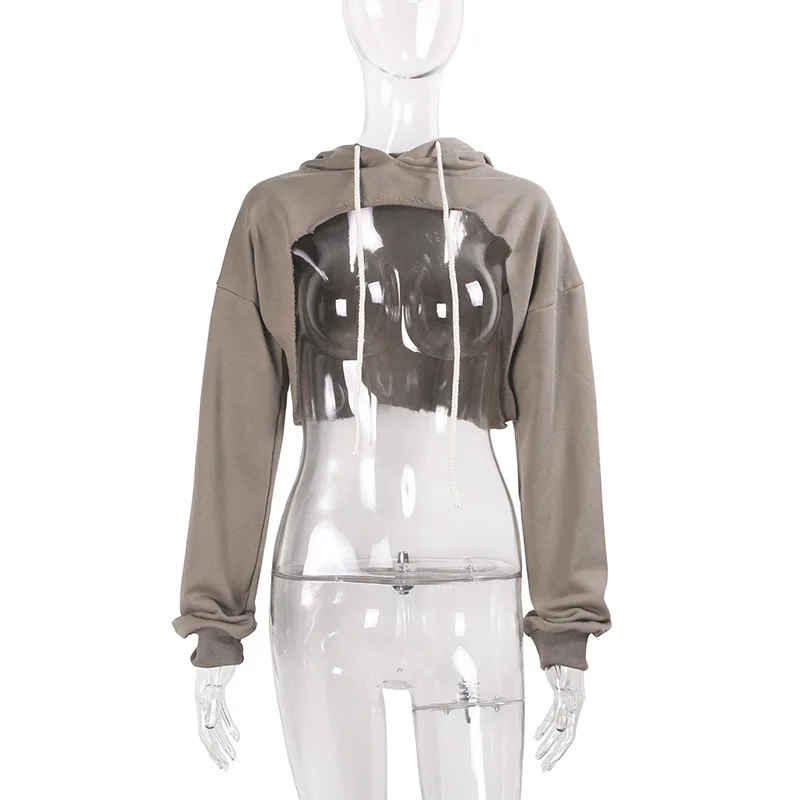 

Customize your picture LOGO spring and autumn sexy nude chest ultra short hooded sweater women pure cotton short