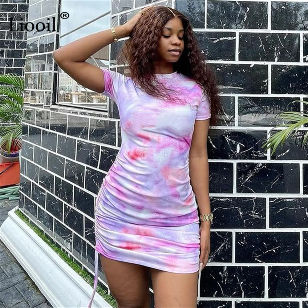 

Liooil облегающее мини тай-дай платья на завязках Цвет блок с коротким рукавом и круглым вырезом, платье на каждый день для женщин 2021 летние пло...