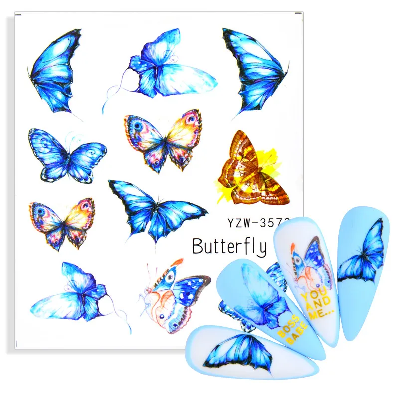 

3D Watercolor Butterflies Sliders Nail Art Water Transfer Decal Sticker Blue Valentine's Day Nail Decoration Tattoo Manicure