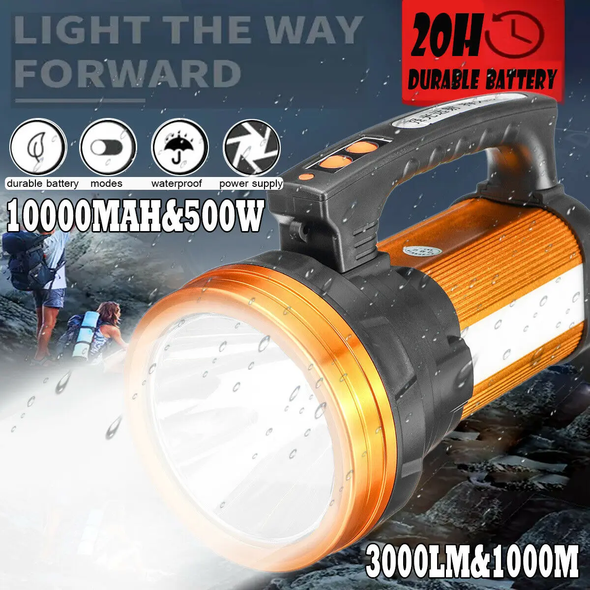 

10000MAh 3000lm 500W Яркий ручной перезаряжаемый светодиодный фонарь онарик