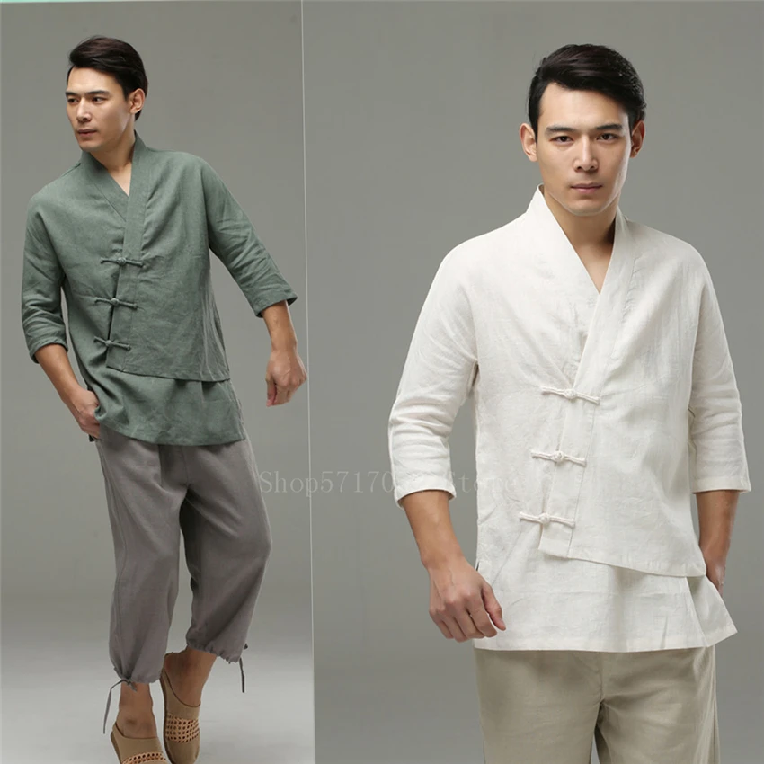 Рубашка мужская в этническом стиле льняная Хлопковая сорочка с скошенной