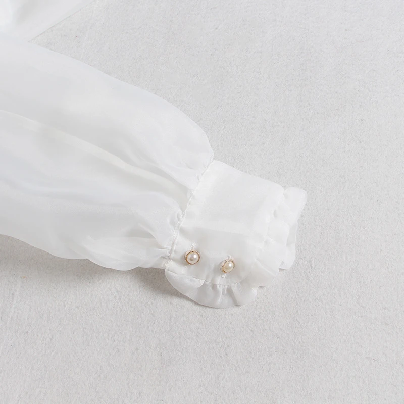 

CHICEVER Elegant Blouses For Women Stand Collar Lantern Long Sleeve Patchwork Bowknot Perspective Shirts Female 2021 Autumn Tide