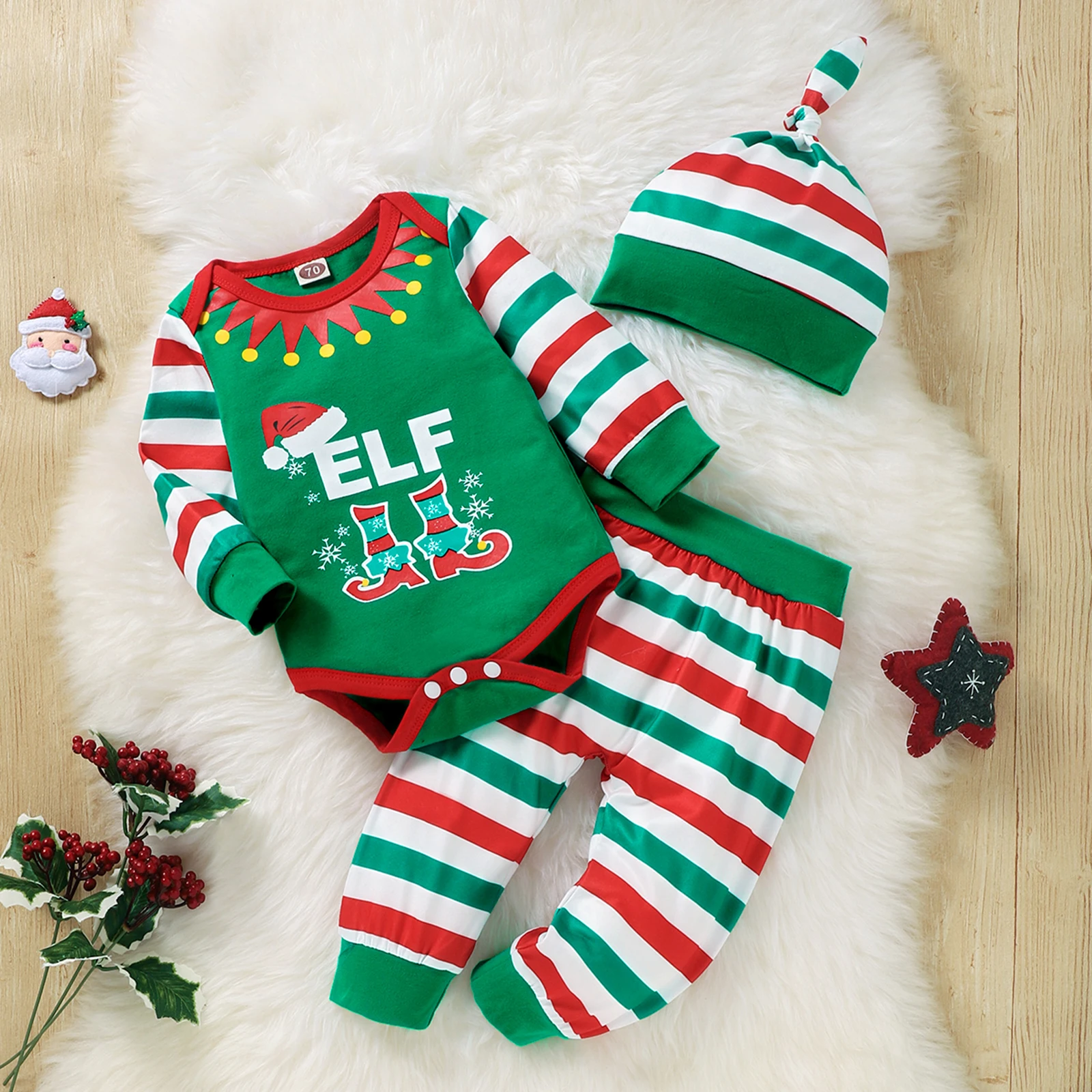 

Baby Christmas Three-piece Clothes Set Stripe Printed Pattern Long Sleeve Romper, Pants and Cap Xmas Suit for Girl Boys