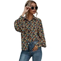 turn down collar long lantern sleeve flower print women tops and blouses elegant loose casual single breasted fashion shirt