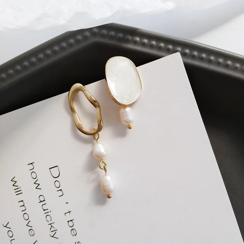 

kshmir New freshwater pearl earrings asymmetric earrings geometric drop oil earrings pearl tassel temperament earrings