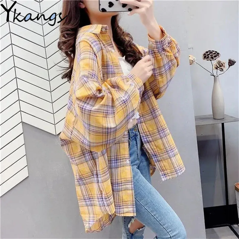 

Loose Long Sleeve Sun-proof Plaid Blouses Women Korean Style Harajuku Fashion Baggy Shirts Female Y2k Vintage Chic Aesthetic Top