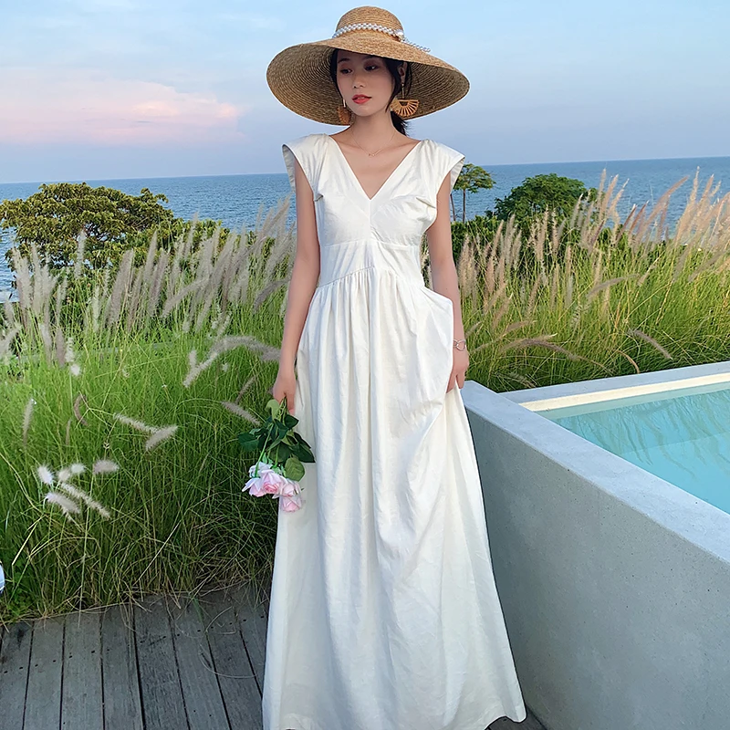 

Sundress Korean Runway 2021 New Summer High Waist Elegant Party Vacation Beach Long Dress Maxi White Backless Women Linen Dress