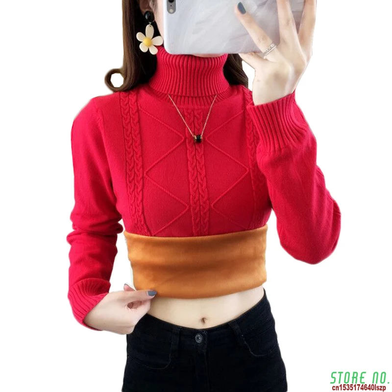 

Autumn Women Turtleneck Sweater Pullover NEW Fashion Slim Large Size Winter Plus Velvet Warm Knitted Sweater Jumper Female Tops