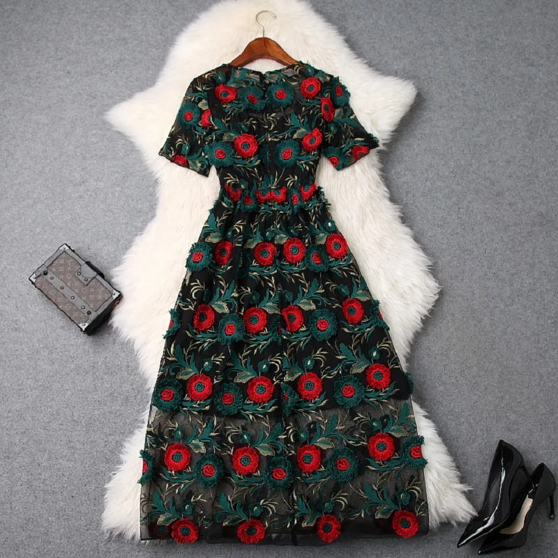 

NEW Spring Summer 2021 Embroidery Lace dress Women Short sleeve Slim Floral Party Dress Office Lady Elegant Sweet long dresses