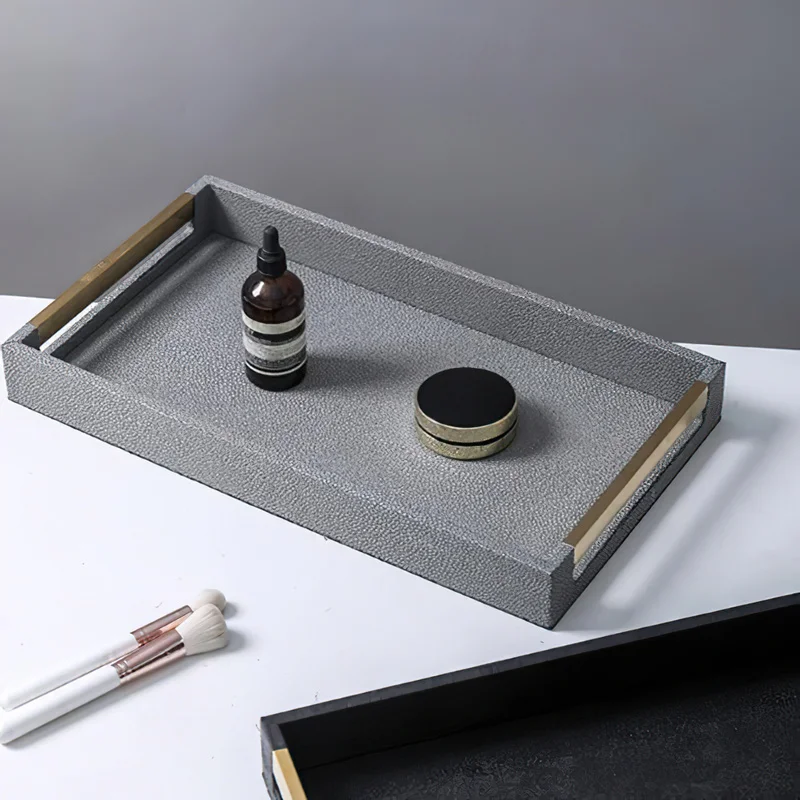 

Metal Tray Wood Large Storage Pallet Leather Rectangular Serving Tray Hotel Dessert Dinner Tea Food Tableware Home Kitchen Tool