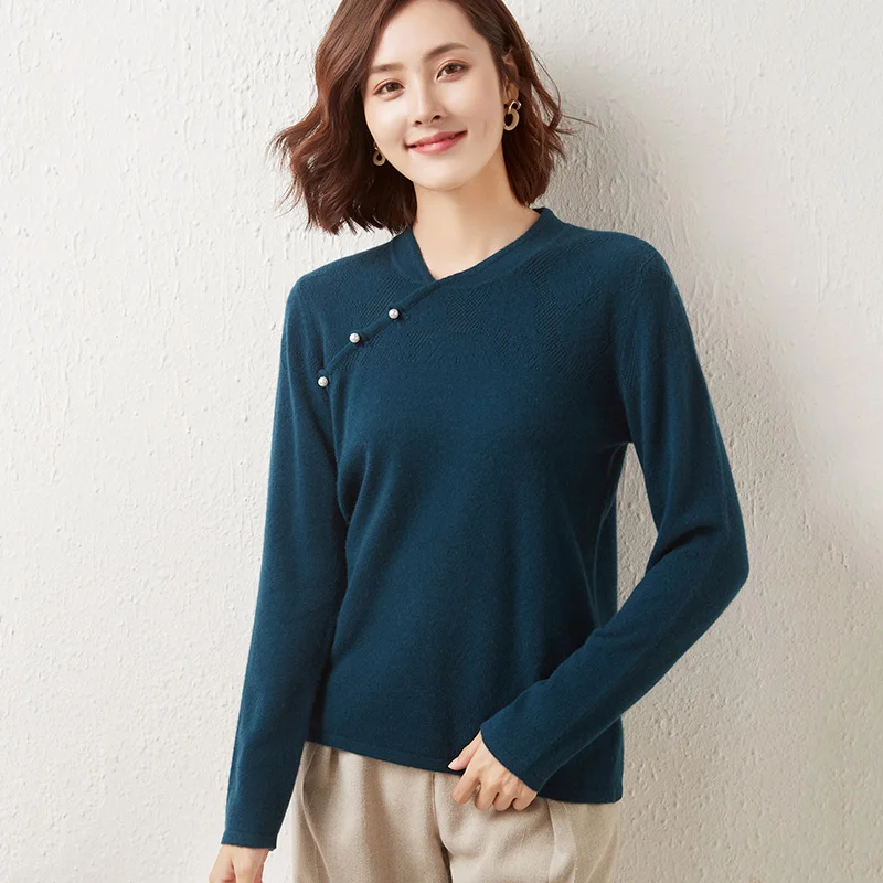 

Autumn Winter Warm Pure Wool Sweater Women Chinese Vintage Cheongsam V-Neck Full Sleeve Pullover Female Luxury Elegant Lady Tops