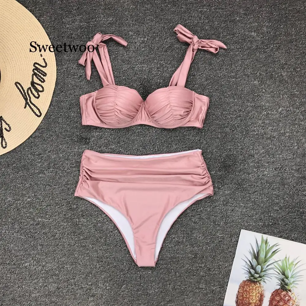 Женский купальник с чашками пуш-ап розовое бикини на косточках подкладкой и