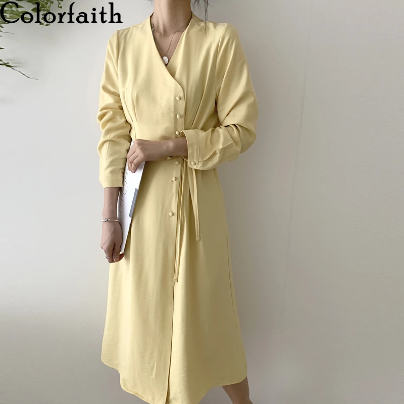 Colorfaith Новинка 2019 женские миди платья весна лето шнуровка бант Кнопка Империя