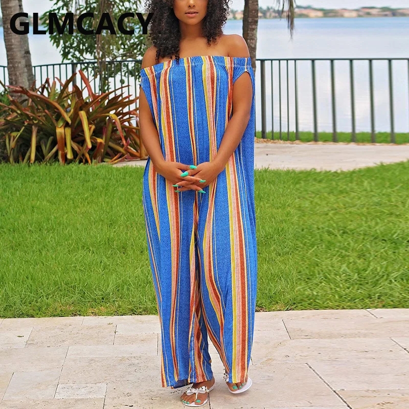 

Свободный комбинезон в полоску, с открытыми плечами и воротником-лодочкой, повседневный летний комбинезон