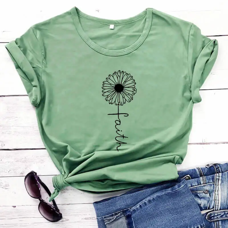 Faith Cross With Flower Graphic Print 2020 New Arrival Summer 100%Cotton Funny T Shirt Christian Religious | Женская одежда