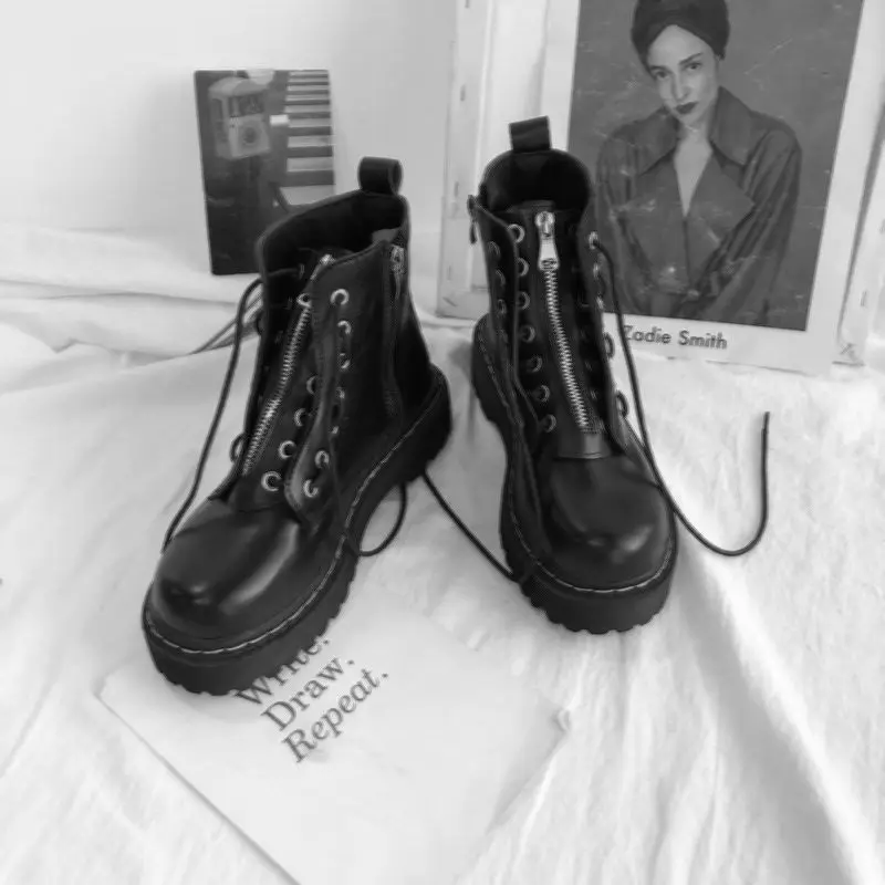 

Women Motorcycle Boots Shoes Platform Pu Leather Lace Up Black Chelsea Front Zipper Botas De Mujer Round Toe Winter Female