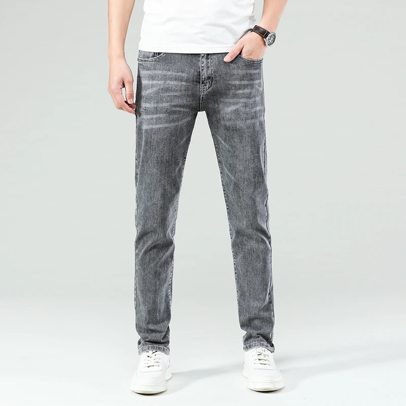 Джинсы мужские облегающие большого размера 30 46 брюки серые Молодежные Длинные