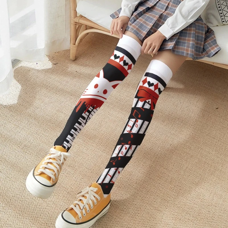 

Japanese Anime 3D Print Thigh High Stockings Lolita Kawaii Medicine Pill Bottle Patterns Cosplay Over Knee Socks