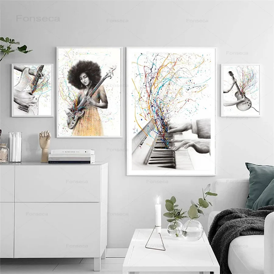 Пианино красочные ноты Настенная картина крутая девушка играть гитарные плакаты