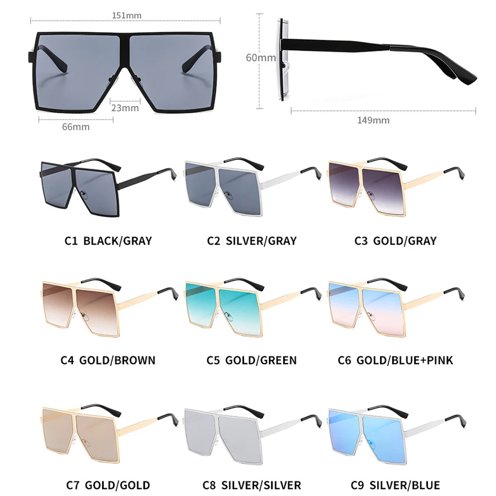 

Vintage Oversized Square Sunglasses Women Men Luxury Designer Metal Frame Sun Glasses Female Flat Top Big Shades Mirror Glasses