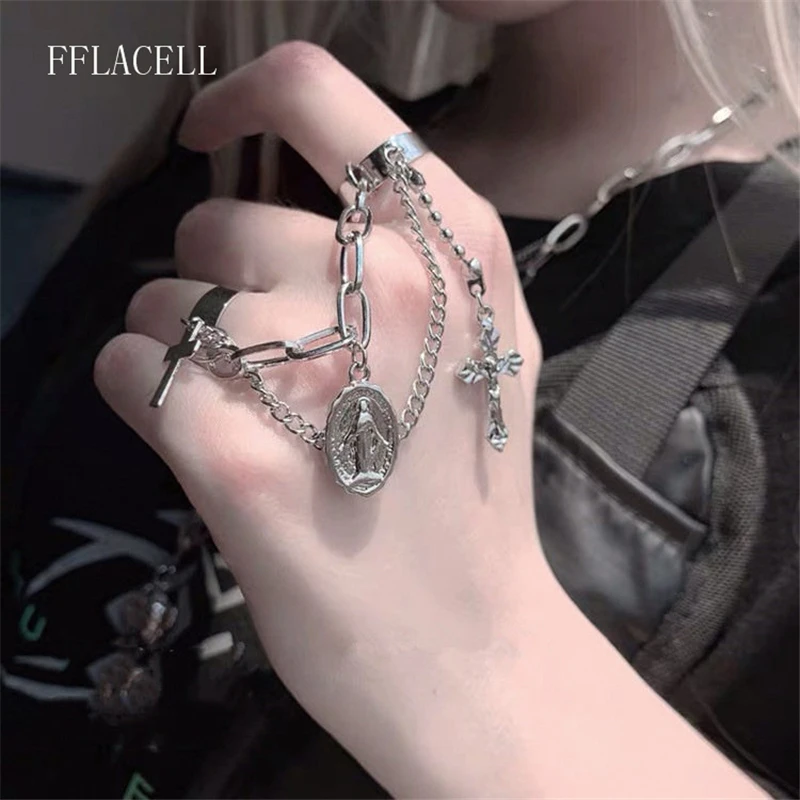 FFLACELL 2020 New Fashion Metal Vintage Punk Hip Hop Style Cross Siamese Adjustable Open Ring Party Men And Women Jewelry Gift | Украшения