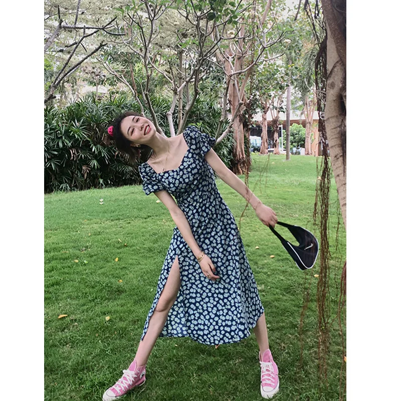 Женские повседневные платья в стиле ретро миди с цветочным принтом квадратным