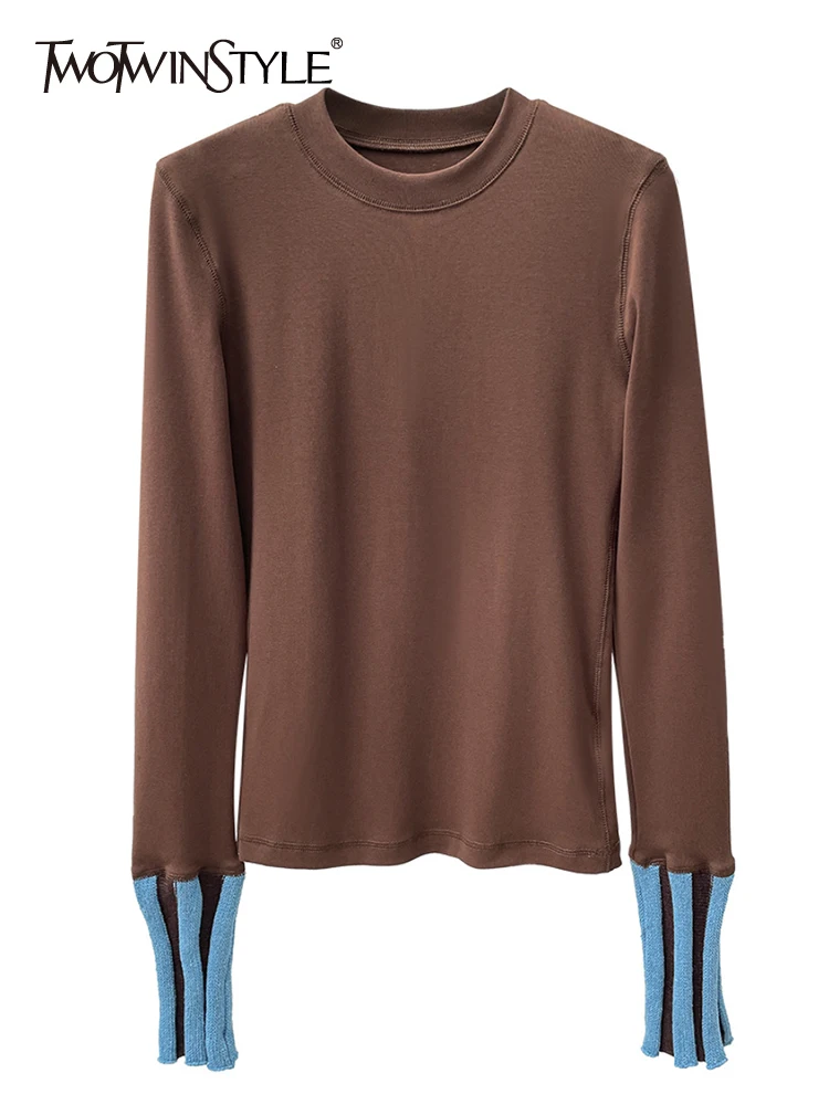 

TWOTWINSTYLE Casual Loose Patchwork Colorblock Knitting Sweaters For Women Round Neck Long Sleeve Pullovers Female 2021 Autumn