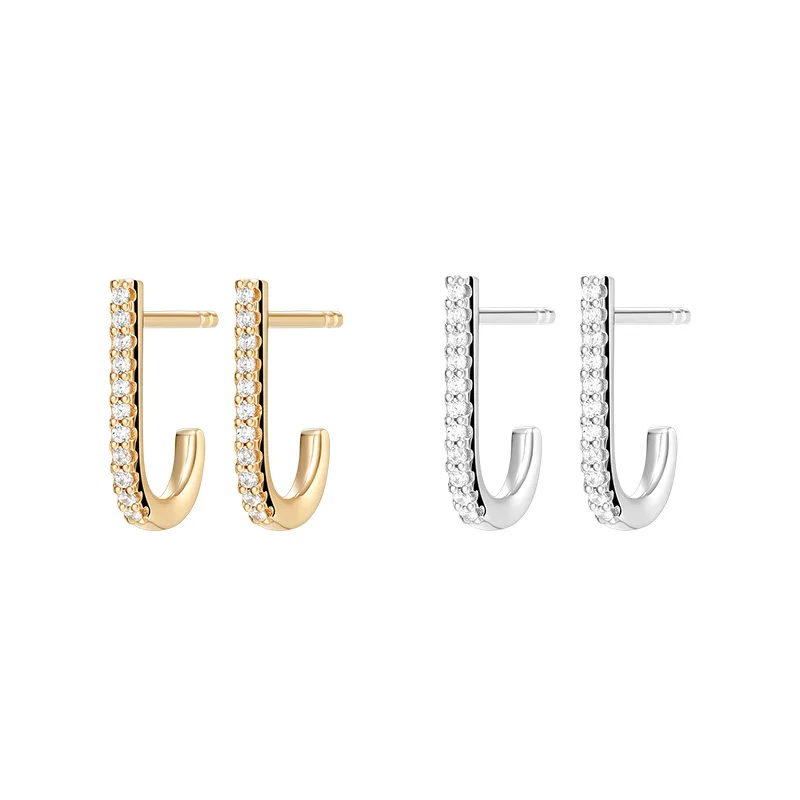 

Fashion Real 925 Sterling Silver Gold Color Hook J Shaped Stud Earrings Micro Zircon Women Fine Party Brand Jewelry Gift