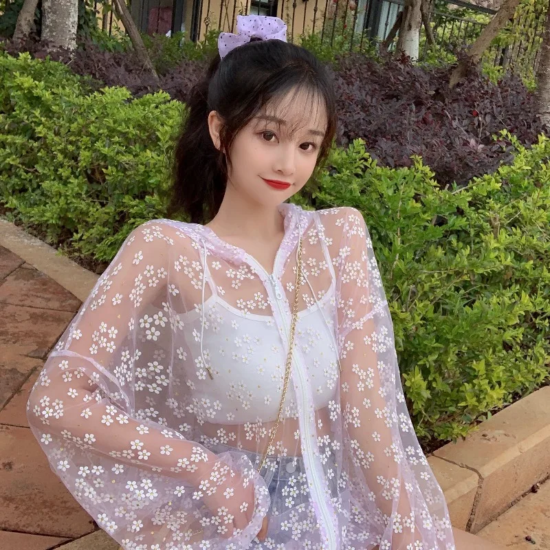 

Summer Style Long Sleeve Shirts Perspective Womens Tops and Blouses Ladies Streetwear Loose Floral Sunscreen Cardigan New